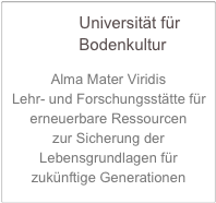                Universität für    
               Bodenkultur

Alma Mater ViridisLehr- und Forschungsstätte für erneuerbare Ressourcen zur Sicherung der Lebensgrundlagen für zukünftige Generationen